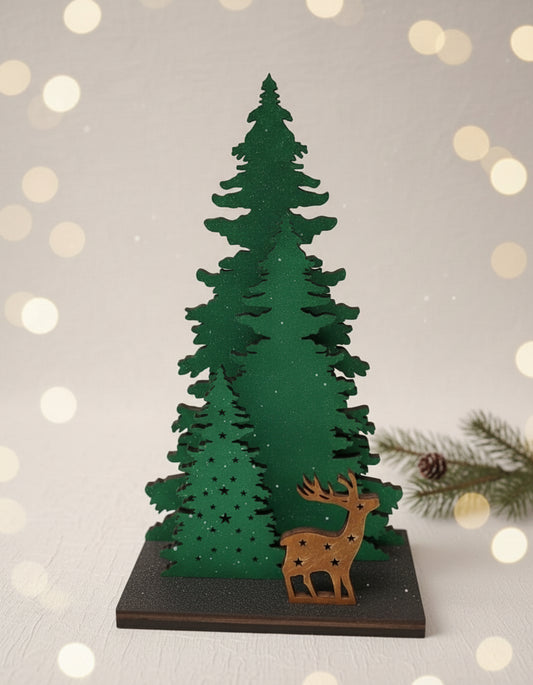 Decorative Christmas tree and deer figure on a stand with festive lights.